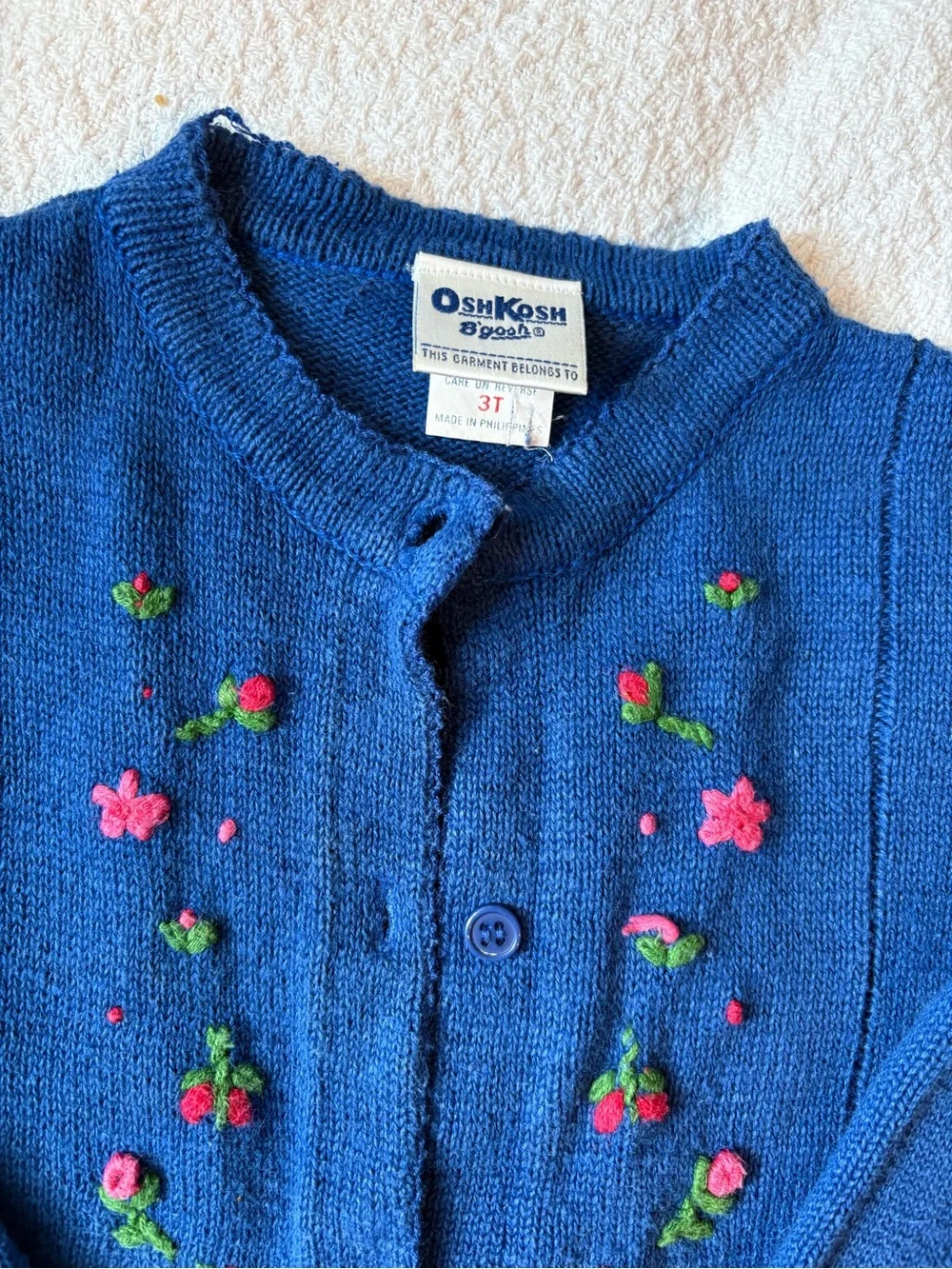 Vintage OshKosh B'gosh Royal Blue Knit Cardigan with Pink Floral Embroidery